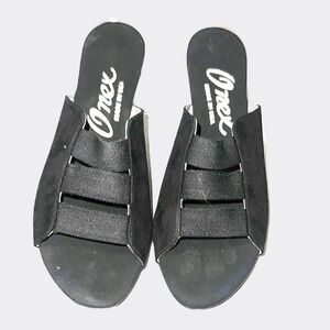 Onex Black Elastic Slide Sandals with Silver Heel Size 6